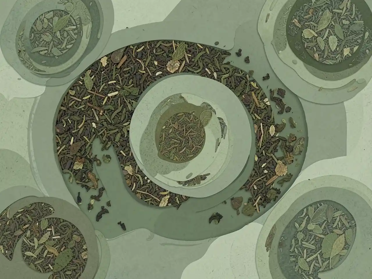 Abstract composition of layered herbal tea blend circles in muted green tones